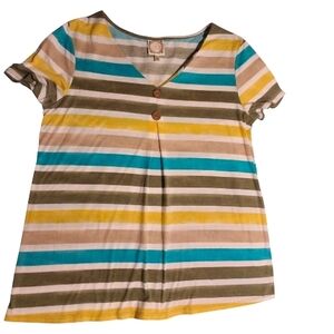 Striped Short Sleeve Tee with Button Detail - Teal, Yellow & Olive